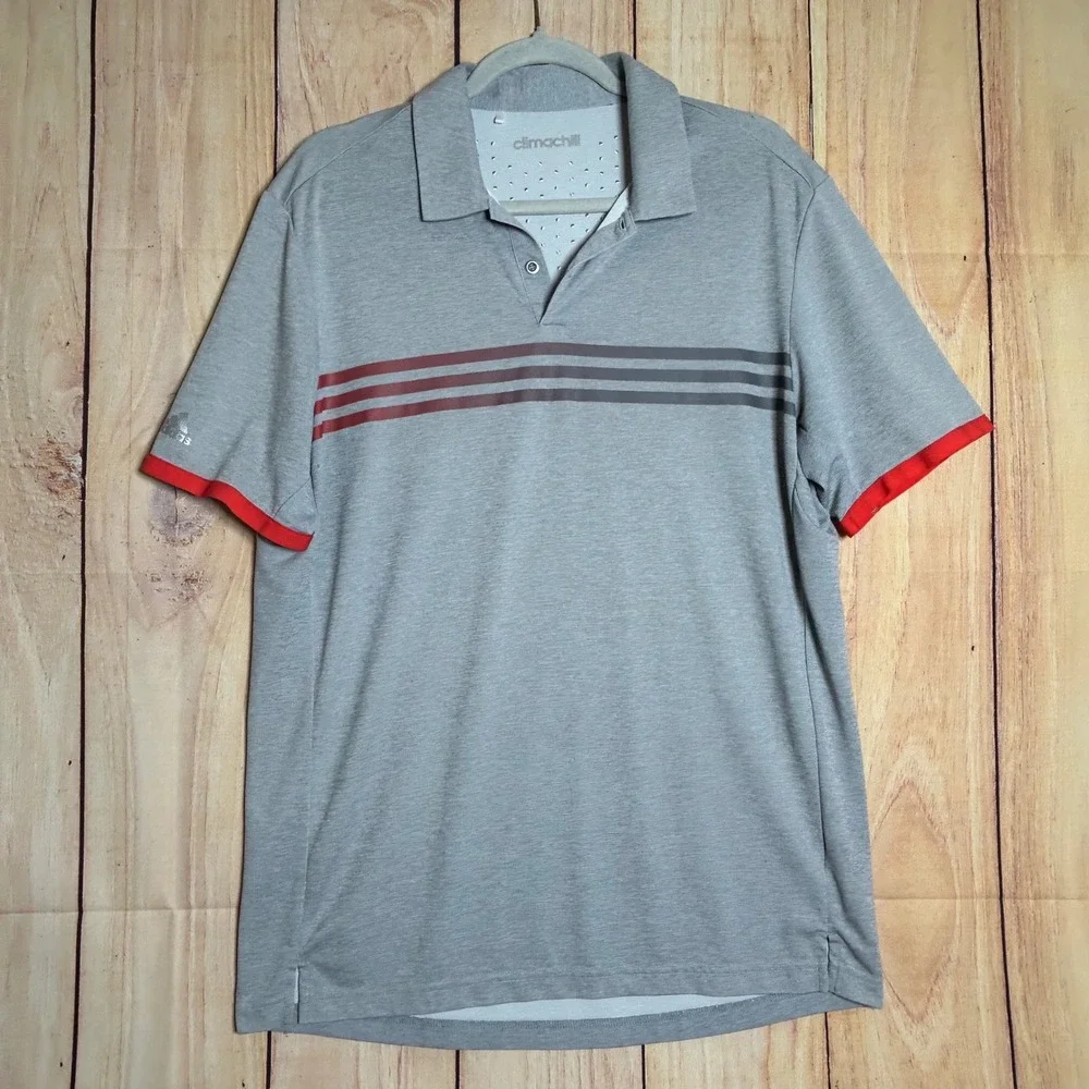 Adidas Climachill Polo Shirt Mens XL Grey Red Striped‎ Golf Athletic Sporty